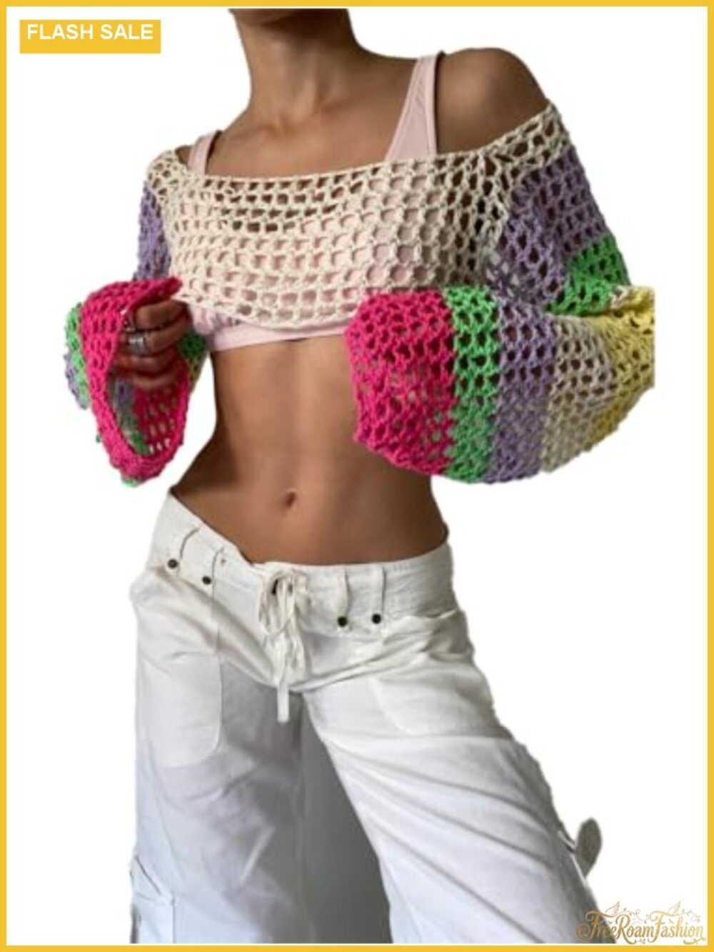 Women's Crochet Crop Sweater Shrug Y2K Hollow Out Mesh Knit Long Sleeve Beach